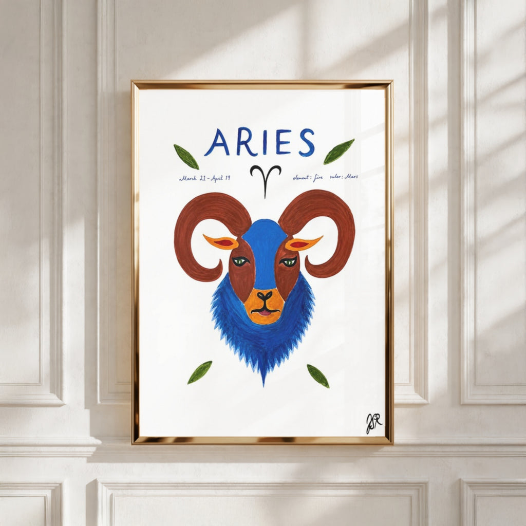 Aries i ram - inramad tavla med text på väggen