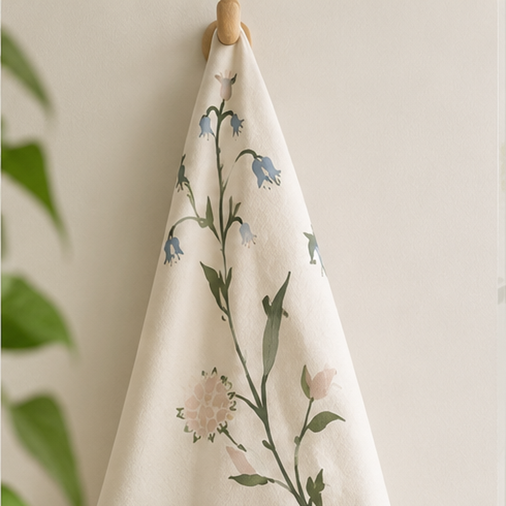 Kökshandduk i bomull som hänger på en krok, med Julia Sundby af Robsons blomster- och fågelmönster
